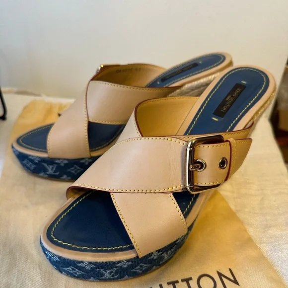 LOUIS VUITTON Denim LV Monogram Juan Les Pins Wedge Espadrille Buckle Sandals 41 - Picture 9 of 12
